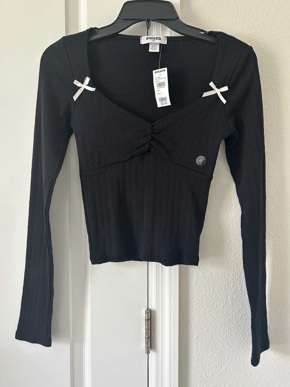 RSQ Long Sleeve Pointelle Bow Cinch Sweetheart Long-Sleeve Crop Top